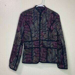 Vtg Multiples Tapestry Jacket Floral Leaf Mandarin Collar Brass Buttons Size XS
